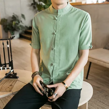 

Loldeal New Summer Shirt Men Short Sleeve Loose Thin Cotton Linen Shirt Male Fashion Solid Color