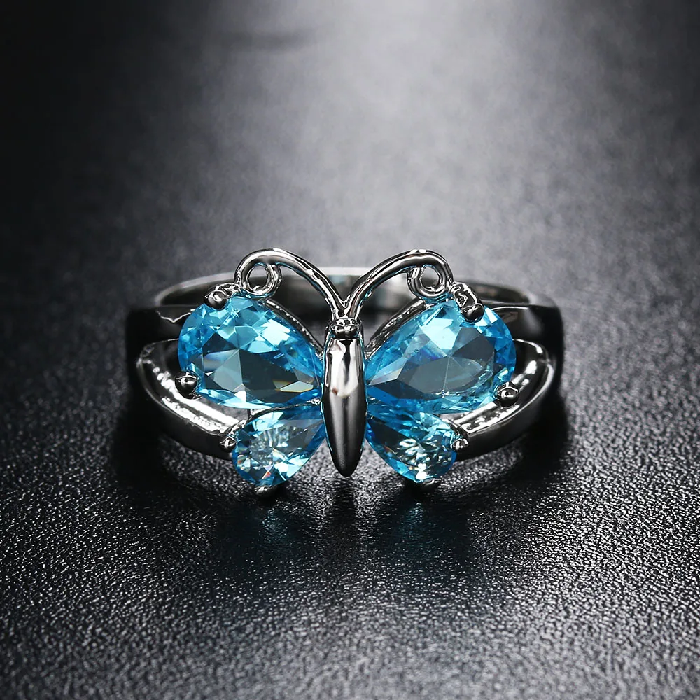 

1 Pc 2019 New Women Fashion Jewelry Crystal Blue Zircon Silver Plated Butterfly Shaped Rings Nice Gift For Women Drop Shipping