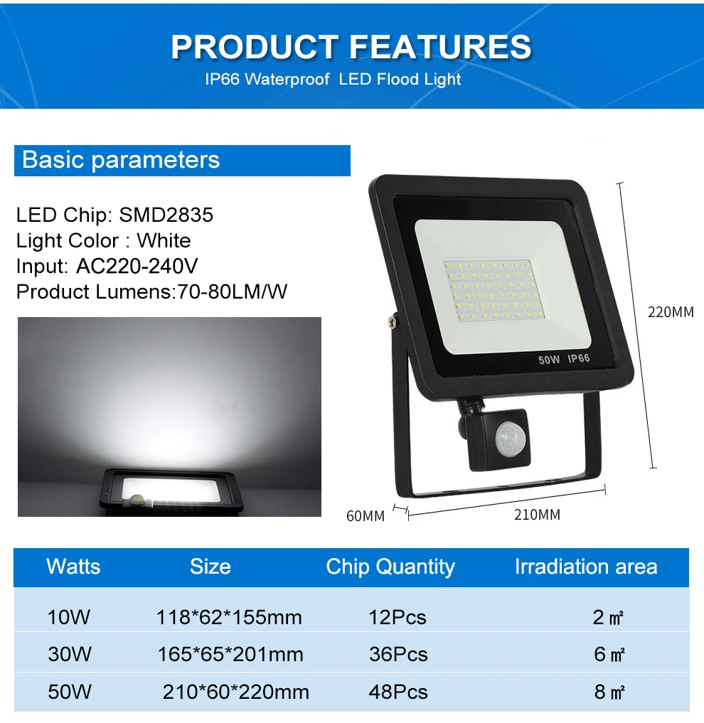 PIR Сенсор Светодиодный прожектор светильник AC220V 10 Вт 30 Вт 50 Вт Светодиодный прожектор светильник для двери гаража уличный светильник ing