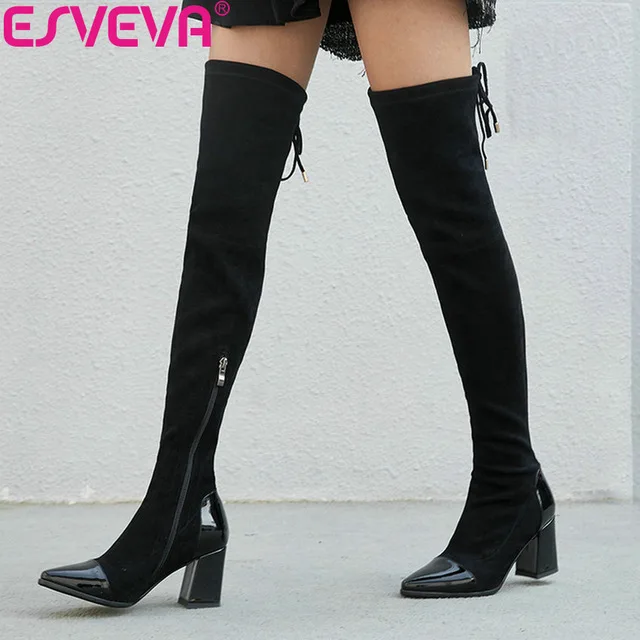 

ESVEVA 2019 Women Shoes Zip Pointed Toe Over The Knee Boots Patchwork Autumn Boots Square High Heels Shoes Boots Lady Size 34-42