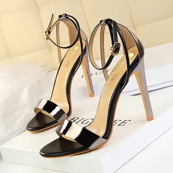 

New Style Fashion Sexy Lady Super High Heel Shoes Simple Patchwork Colors Buckle Strap Round Toe Sandals Female Banquet Shoes