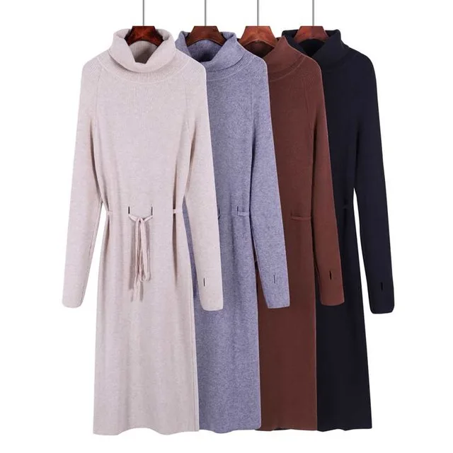 

Thumb Hole autumn winter Women turtleneck long Sweater dress robe Knitted Sweaters Drawstring dress Femme Lace Up Loose Dress