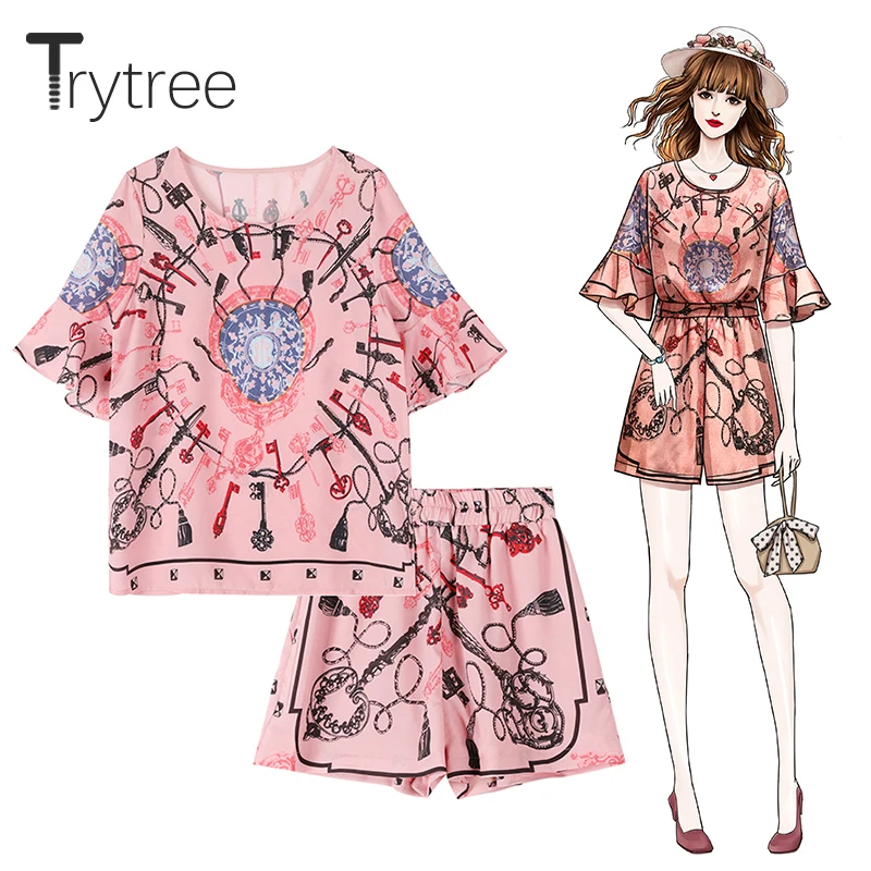 

Trytree Summer Women Two piece set Casual Flare Sleeve Top + Shorts Elastic Waist A-line Suit Office Lady printing 2 Piece Set