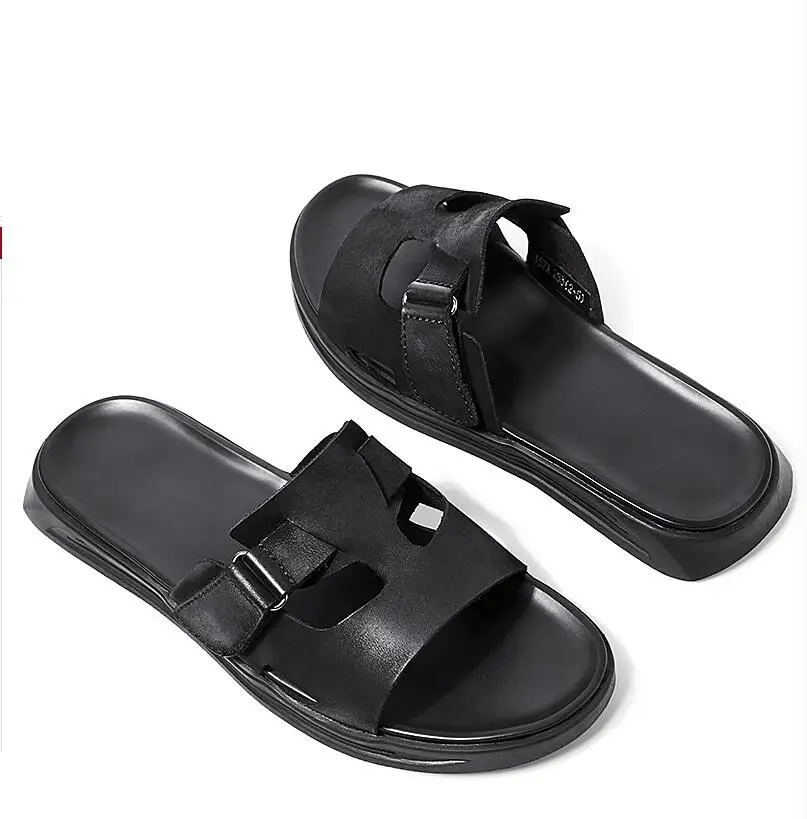 

new man shoes summer slippers male black genuine leather slip on slippers casual outdoor beach shoes