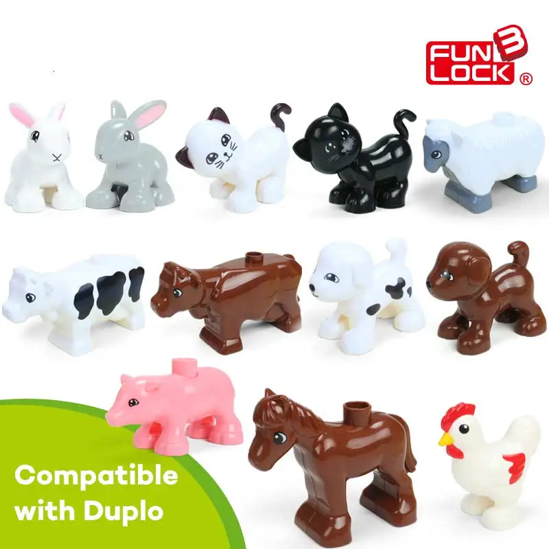 Funlock Duplo, игрушки, фигурки животных на ферме, кролик, кошка, собака, корова, пони, свинья, овца, петух, развивающие игрушки для детей, подарки