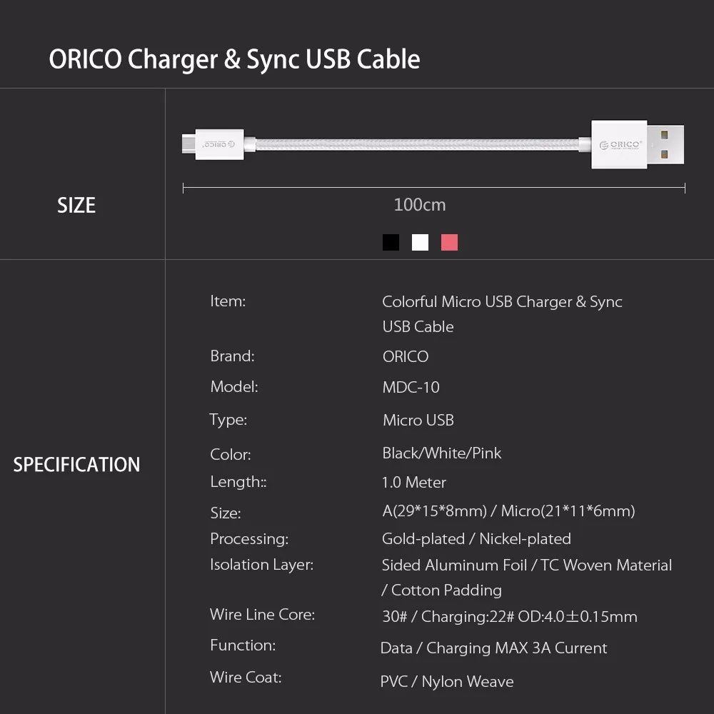 ORICO Micro USB телефонный провод Быстрая зарядка кабель синхронизации для Android мобильный телефон Поддержка Max 2A 1 м черный/белый/розовый для xiaomi