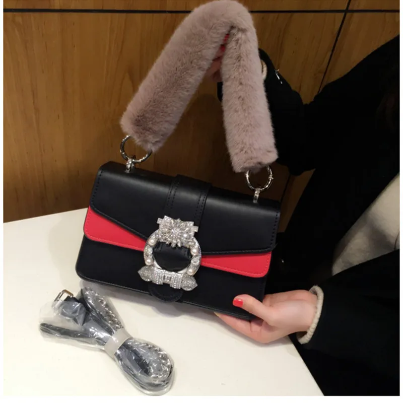 

New Fashion Women Handbags Lady Genuine Leather Diamonds Flap Woman Black Red Handbag Messenger Chains Bags Cover Party Bag