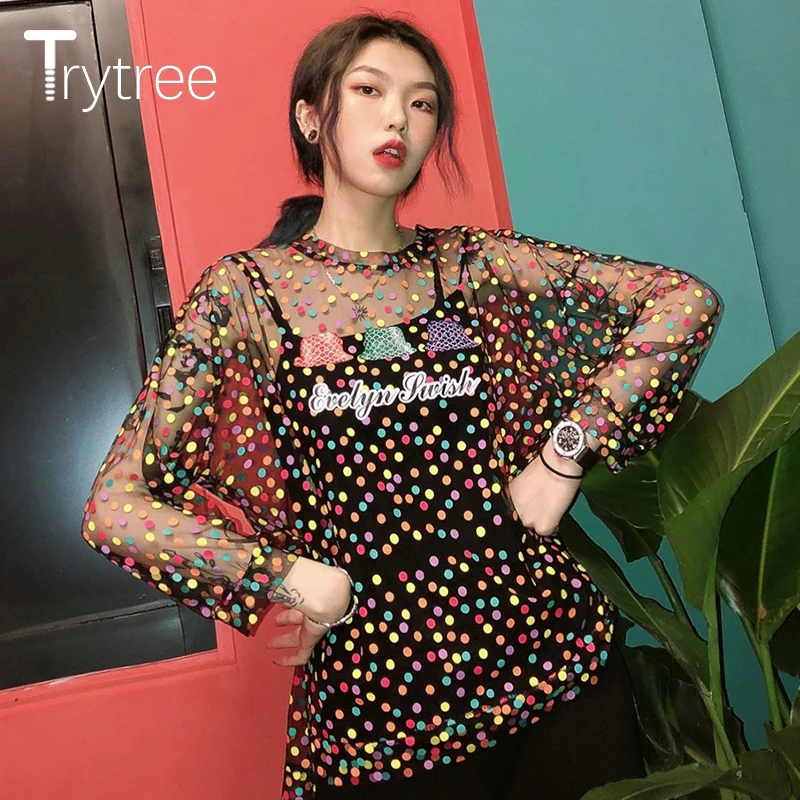 Trytree Летняя женская Повседневная футболка Модный Цветной сетчатый топ в горошек(жилет в подарок) вечерние футболки с круглым вырезом