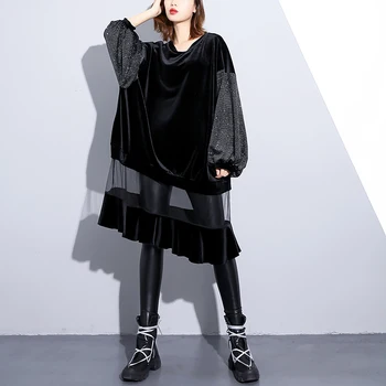 

2019 Spring and Summer Big-size Dress New Velvet Stitching Mesh Loose Dress Casual High Street Solid A-Line Ruffles Dress