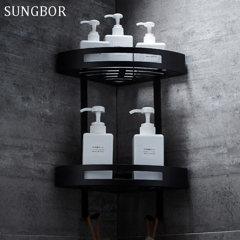 Günstig Edelstahl 304 Schwarz bad ecke regal dusche zimmer rack für körper waschen flasche wc ecke tisch regal rack halter