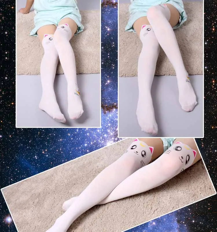Аниме Сейлор Мун Косплей Kawaii девушки Луна кошка чулки Лолита печатных колготки выше колена носки Длинные Колготки