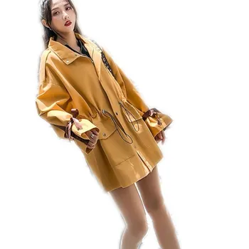 

2019 Fashion Women Spring Jacket Sweet Long Flare Sleeve Female Medium-Long Coats Turn-Down Collar Button Jacket With BeltCQ2827