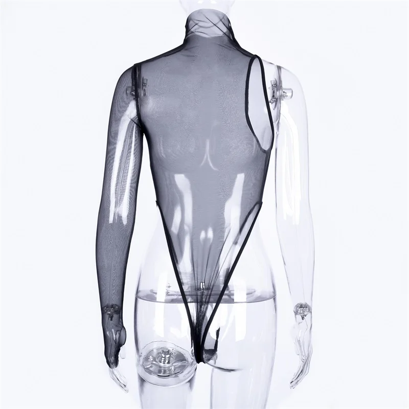 Hugcitar high neck mesh see-through one-shoulder long sleeve sexy bodycon bodysuit 2019 summer women fashion club party body