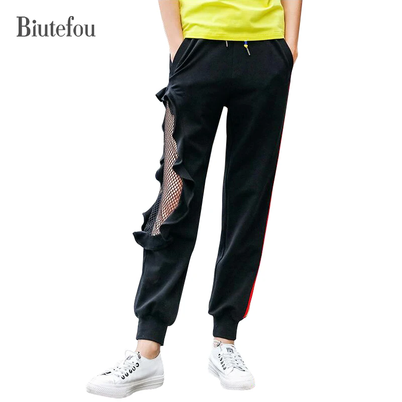 2018 Spring fashion hollow out gauze patchwork pants women lotus leaves chic Harem pants