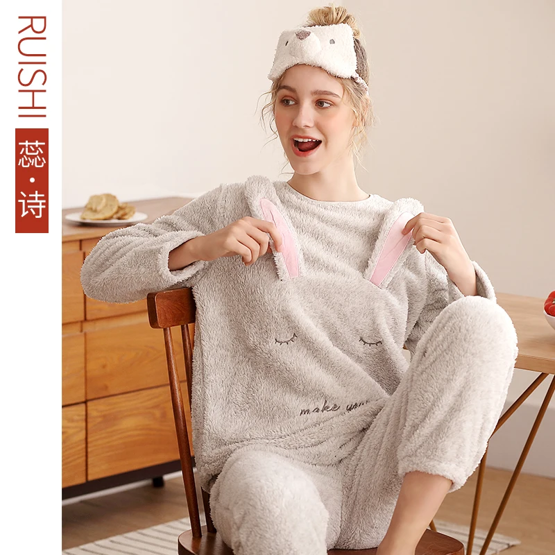 J& Q Новые пижамы зимние теплые модные пижамы набор вышитые толстые фланелевые мягкая флисовая ткань милый кролик женские Kawaii пижамы