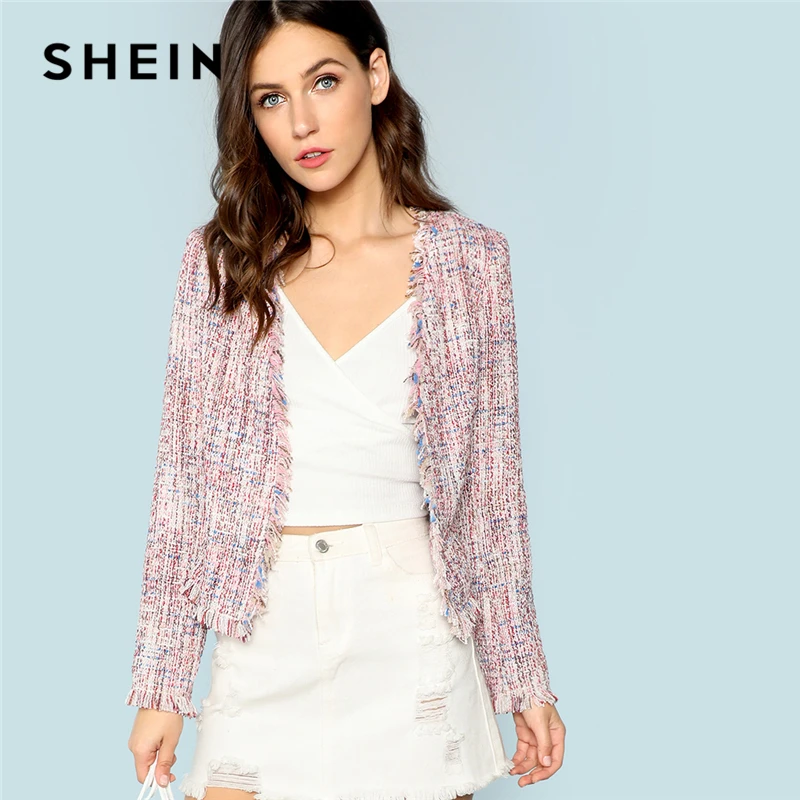 SHEIN Multicolor Frayed Trim Tweed Jacket Office Ladies Elegant Long