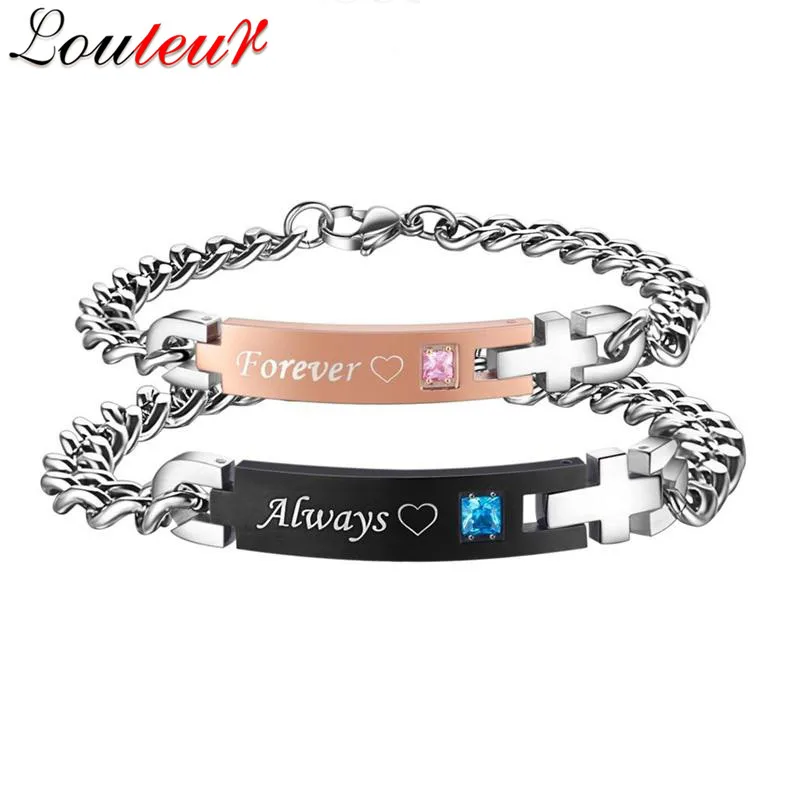 

LOULEUR Always & Forever Couple Bracelet with AAA CZ Stone Stainless Steel Bracelets Women Men ID Name Bracelets Jewelry