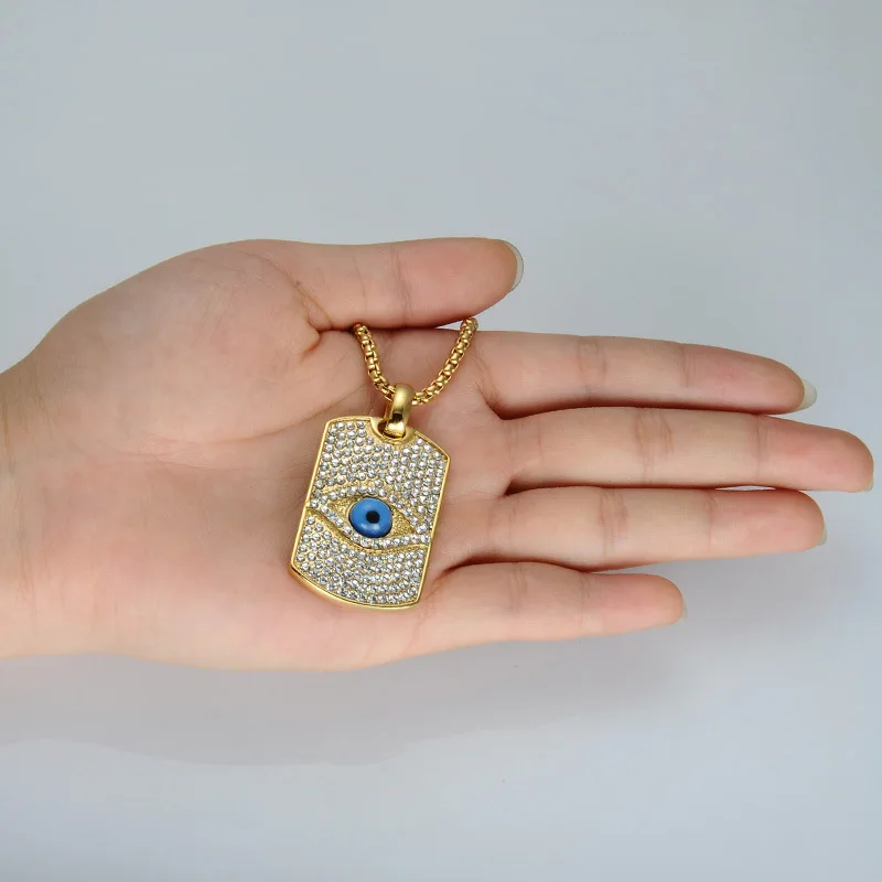 Нержавеющая сталь dog tag Iced Out Кристалл Иллюминаты Пирамида Глаз хип хоп золото