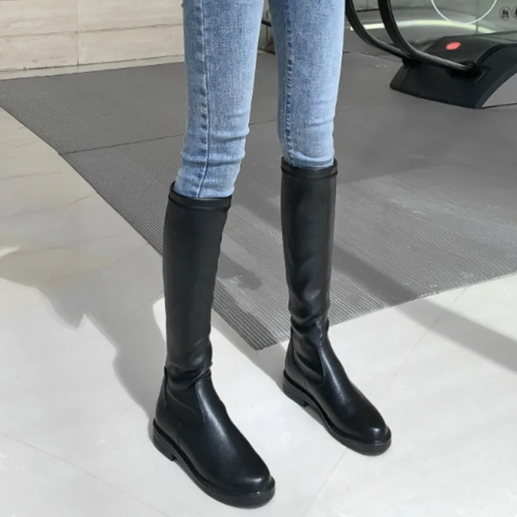 

GPOKHDS 2020 women knee-high boots Cow leather winter short plush slip on low heels female leather boots size 34-42