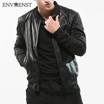 

2017 PU Leather Jacket Men Top Quality Fashion Slim Button Pockets Patchwork Bomber Jackets Casual Coats Male Autumn Winter