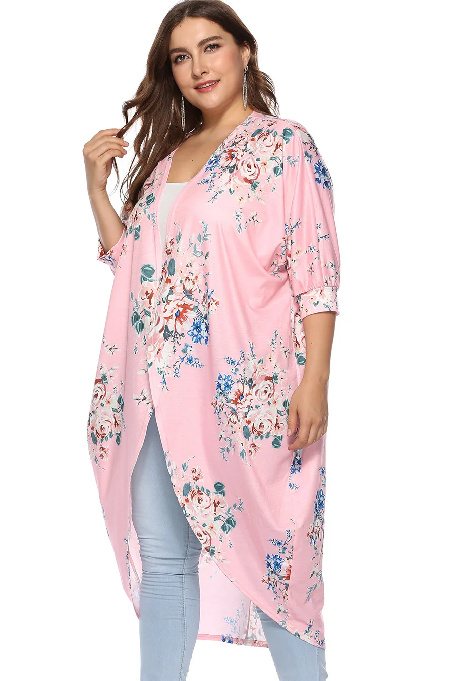 Gladiolus Plus Size Blouse Women 2018 Summer 34 Sleeve Floral Print Casual Long kimono Cardigan Women Autumn Shirt Blouses Tops (16)