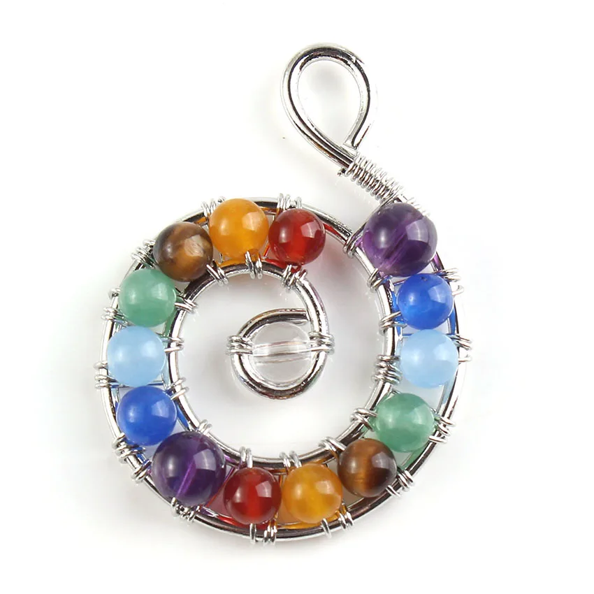 Natural Gnergy Gemstone~ Popular Silver Plated Multi Round Beads Spiral Universe Stone Healing Chakra Pendant Fashion Jewelry 2 AA00201026501a