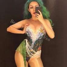 К требованиям заказчика; сверкающие стразы Жемчужное Колье Боди ярко-зеленого цвета с бахромой купальник певица сексуальный костюм для ночного клуба, день рождения, празднование костюм