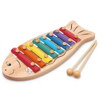 LIMITED 3 pcs Wooden Cartoon Fish 8 scales Tone Children #039;s Music Steel Pieces Playing Knock harp baby education toys Musical Instrument