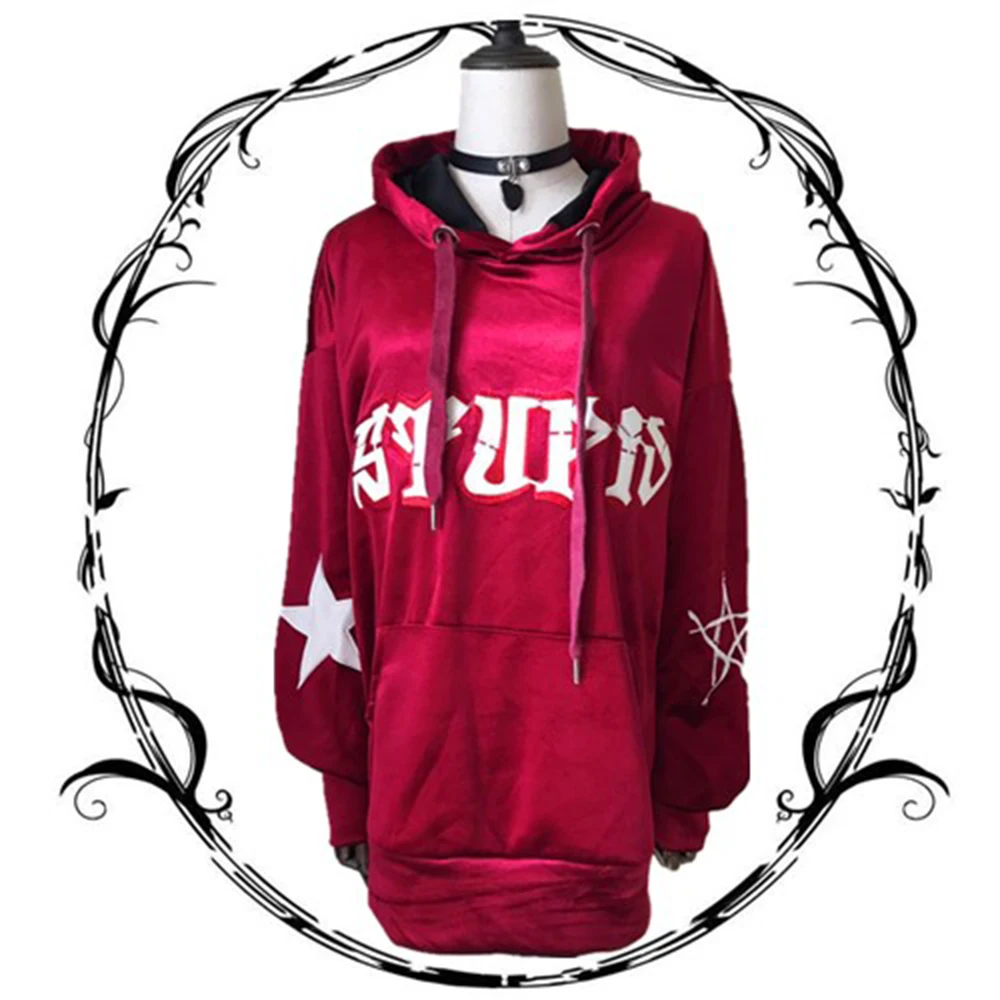 Women pastel goth red casual loose velour hoodie fashion o neck