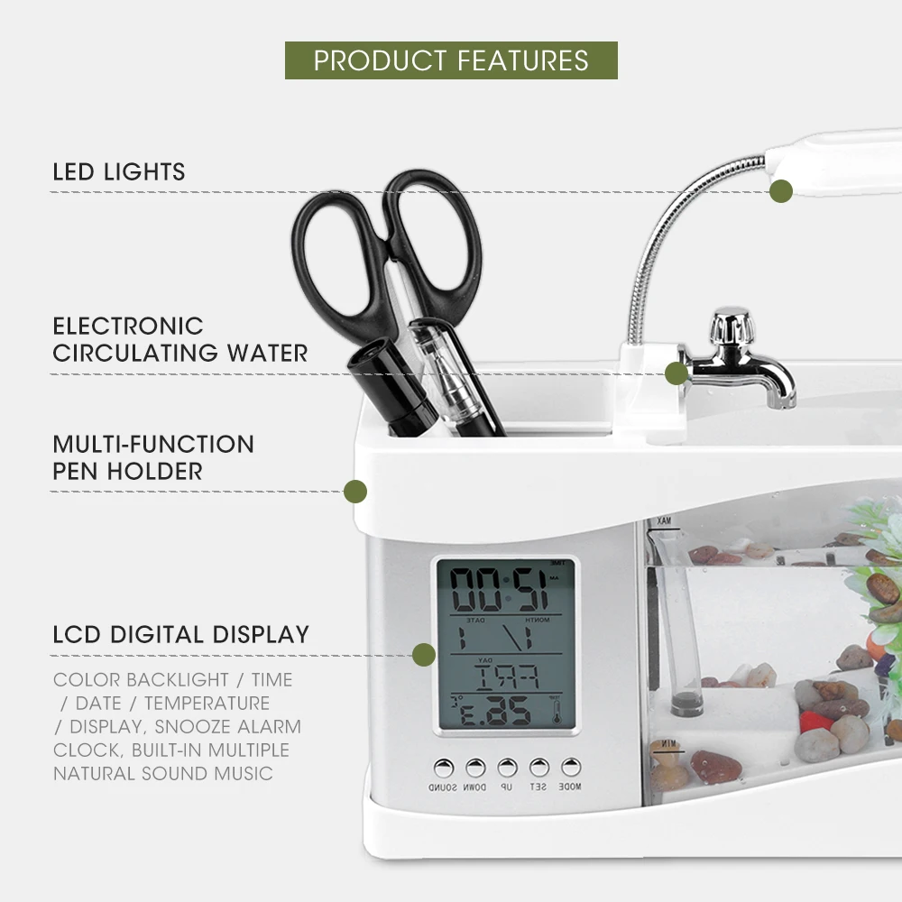 Аквариум USB мини аквариумные рыбки с светодиодный светильник жк-дисплей экран и часы аквариум