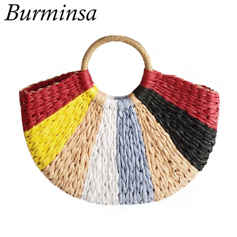 

Burminsa Summer Beach Straw Bags Rainbow Colorful Women Handbags Round Hand Woven Ladies Basket Tote Bags Bali Holiday NEW 2019