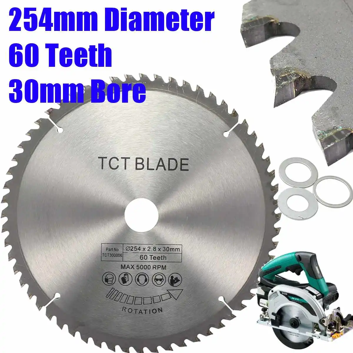 

254mm 60Teeth Circular Saw Blade Bore High speed Steel + 3 Reduction Rings
