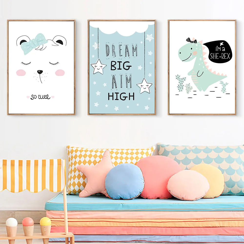 Animal Poster Dinosaur Cartoon Pictures Baby Poster Nordic Kids Room Canvas Art Print Baby Nursery Posters Watercolor Unframed