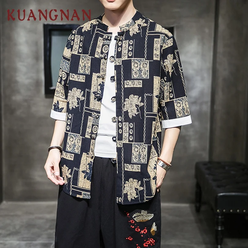 

KUANGNAN Chinese Style Harajuku Shirt Men Streetwear Hawaiian Shirt Men Fashions Blouse Men Shirt Short Sleeve Clothing 5XL 2019