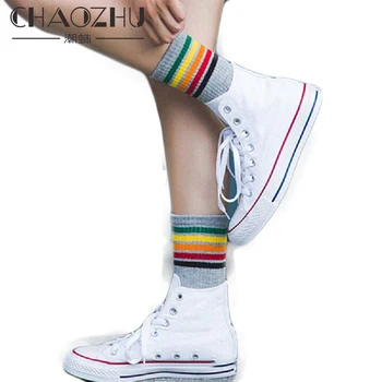 

CHAOZHU Women's Sweet Rainbow Colors Stripes Top White Grey Black Spring Summer Causal Style Cotton Fashion Skateboard Socks