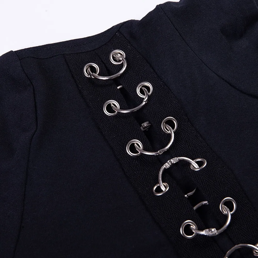 Gothic Sexy Short Jumpsuits Romper Women Autumn 2018 Fashion Hollow Metal Design Party Clubwear Slim Long Sleeve Bodysuit Female