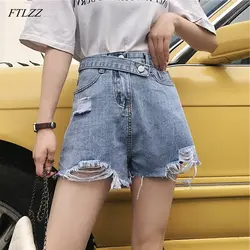 FTLZZ для женщин Кнопка джинсовые шорты Лето 2019 г. повседневные джинсы Модные Высокая талия сломанной Короткие штаны с дырками