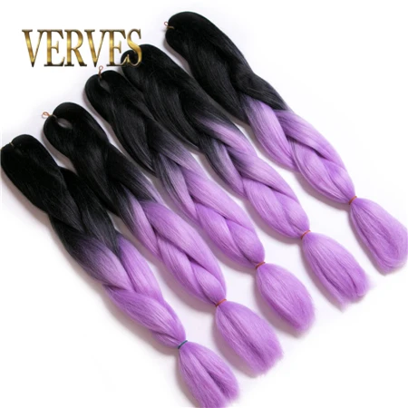 VERVES плетение волос 5 шт 24-дюймовые большие синтетические косы 100 г/шт. Омбрэ шиньон, оптом вязаная крючком коса - Цвет: T1B/фиолетовый
