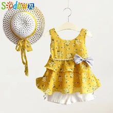 Sodawn/ г. летний комплект одежды для девочек, модный сарафан с принтом платье с бантом и жемчугом+ шорты+ шляпа, костюм Одежда для маленьких девочек из 3 предметов