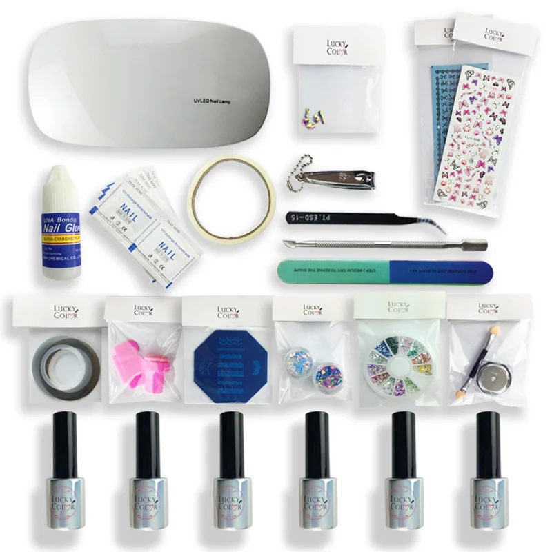 

Lucky Color Gel Varnishes Set with LED Lamp Everything for New Learner UV Nails Polish Art Manicure Kits Include 34 PCS