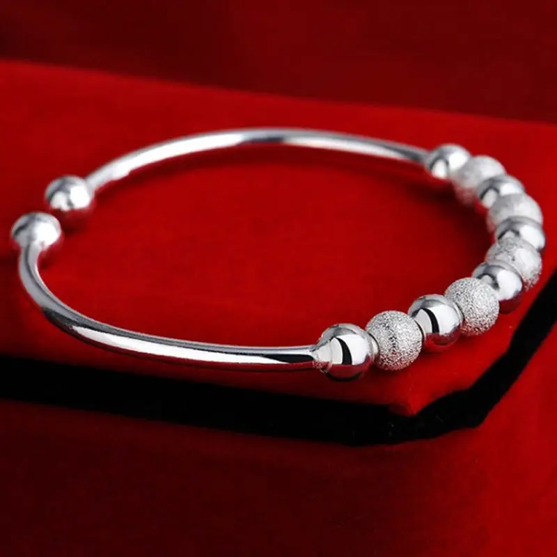

New Arrival Minimal Women's 925 sliver Open Hand Cuff Bangle 9 Lucky Beads Bracelet
