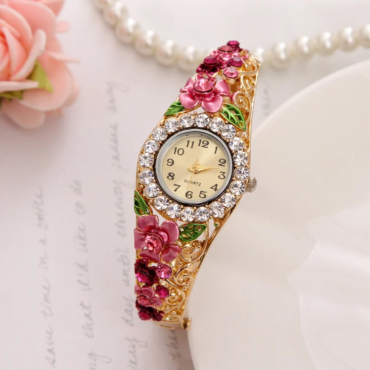 

2016 Top Luxury Famous Brand Women Watch Red Flower Enamel Gold Plated Rhinestone Quartz Ladies Watches