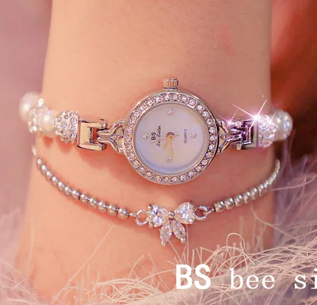 Goede Nieuwe Mode Kristal Armband Set Vrouwen Merk Luxe Full Diamanten Parel Armband Horloge Set Gratis Strik Crystal Bangle