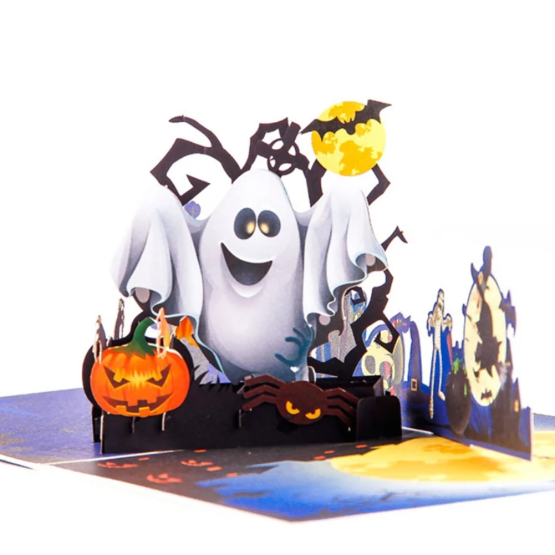  3D Popup Halloween Card Spooky Pumpkin Ghost Color Printing Trick Or Treat Greeting Card with Invit - 4000016867406