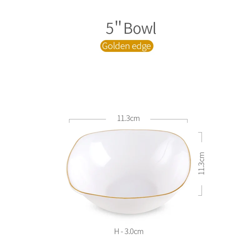 Golden Edge Square White Opal Glass Porcelain Deep Plates Dishes Tableware Steak Salad Bowl Breakfast Dish Plate - Color: G. 5 Bowl