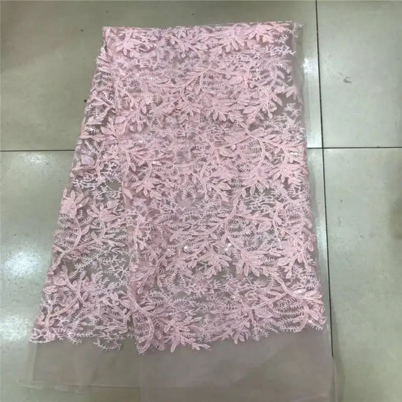 

2018 Embroidery mesh tulLe lace fabric 5yards flower pattern beaded african pink beads lace fabrics wholesale for wedding party