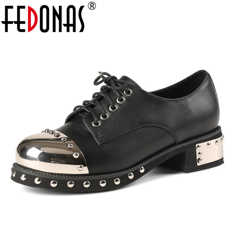 

FEDONAS Punk Genuine Leather Women Rivets Square Heels Autumn Winter Shoes Woman Sexy Black Lace Up Comfort Rome Pumps Shoes