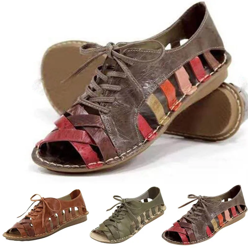 Летние женские туфли в стиле ретро; пляжные римские сандалии Для женщин на шнуровке открытые, плоские женские сандалии летние сандалии женская обувь#40