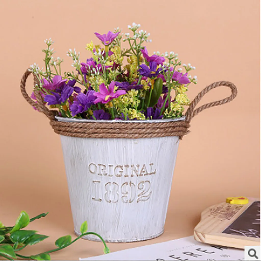 

Vintage Rural Style Iron Handle Flower Home Garden Shabby Tub Vase Basket Pot Succulent Plants Bucket Planter Decor Flower Pot