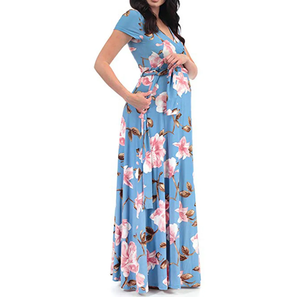 Для женщин беременности и родам платья длинные сексуальные платья элегантный короткий рукав Повседневное летнее платье для беременных, для кормящих одежда Vedtidos Para Mujer 19Apr29
